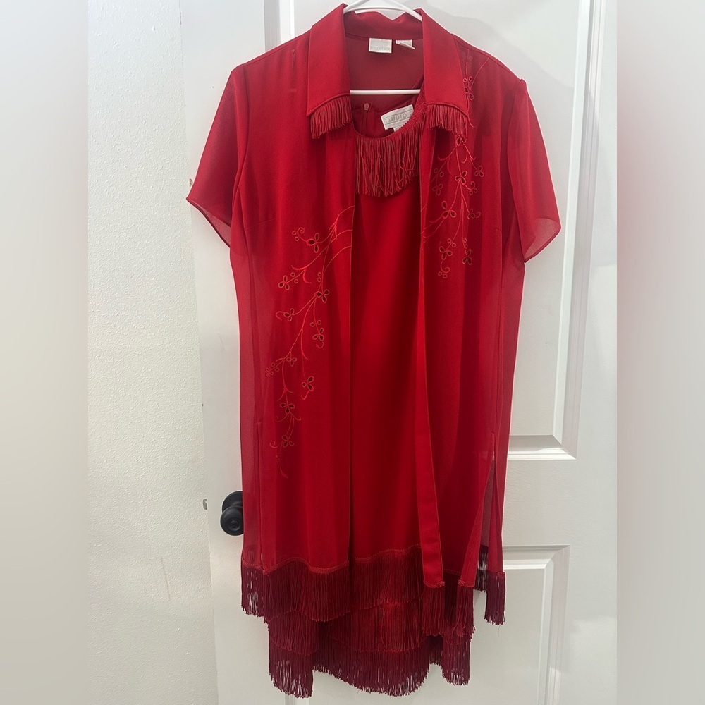 Vintage Studio C Two Piece Dress Set with Fringe and Embroidery Size 12 EUC